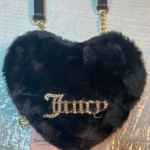 Juicy Couture Black Fluffy Fur Furry Heart Shaped Crossbody Purse/Handbag.  NEW